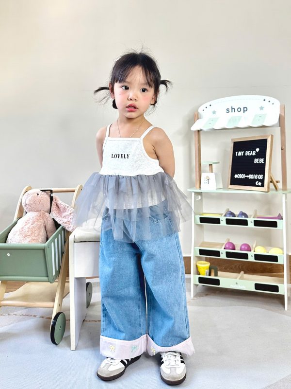 Set Bé Tulle Bay Bổng – Áo Dây & Jean Gấu Nơ
